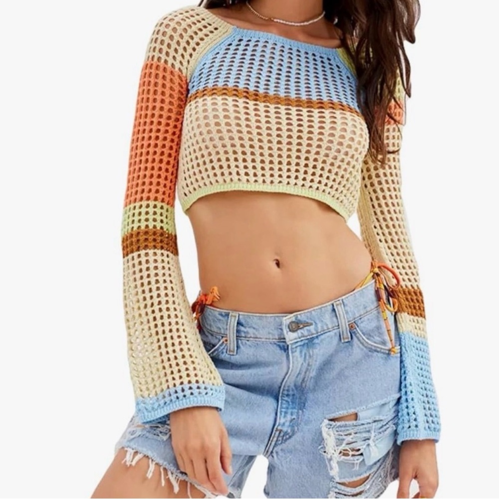 🧸2/$20-#320-Urban Outfitters Multicolor Long Sleeve Crochet Crop Top Size Small